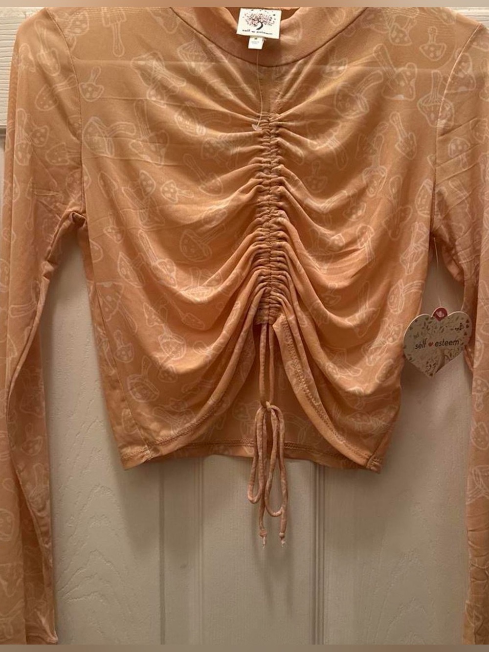 Self Esteem Peach Ruched Long-Sleeve Crop Top